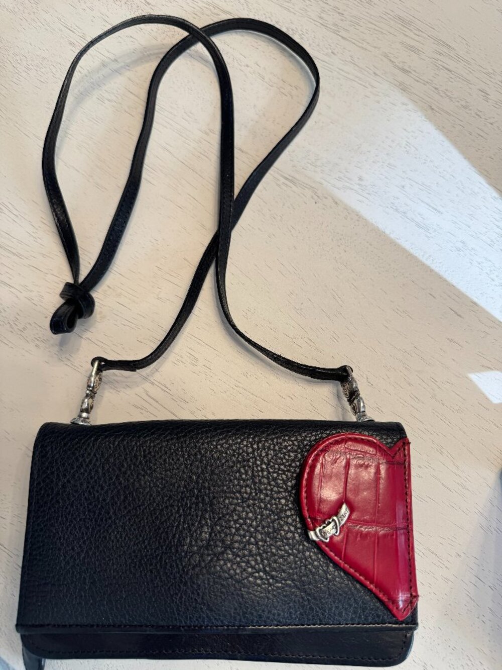 Brighton Cupid Heartbeat Crossbody Wallet Black with red croc-embossed 1/2 heart